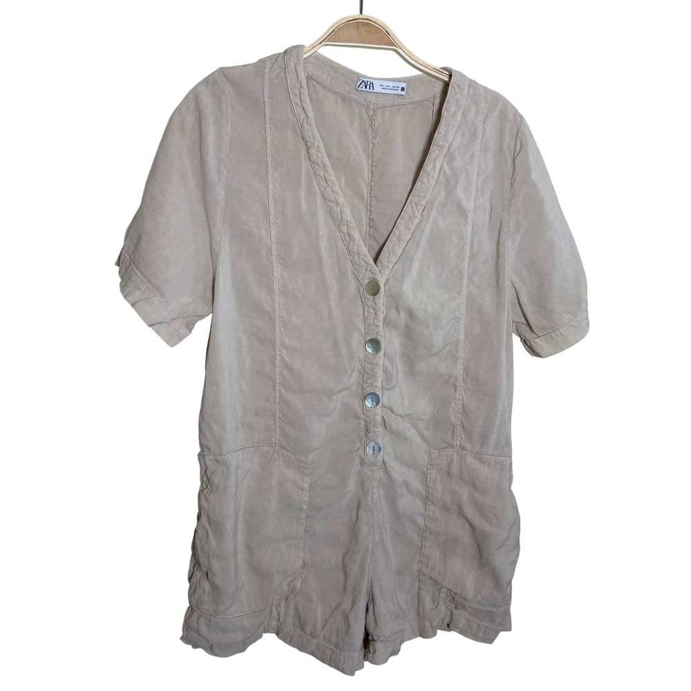 Zara Sand Beige Braided Trim V-Neck Button Front Utility Romper Large